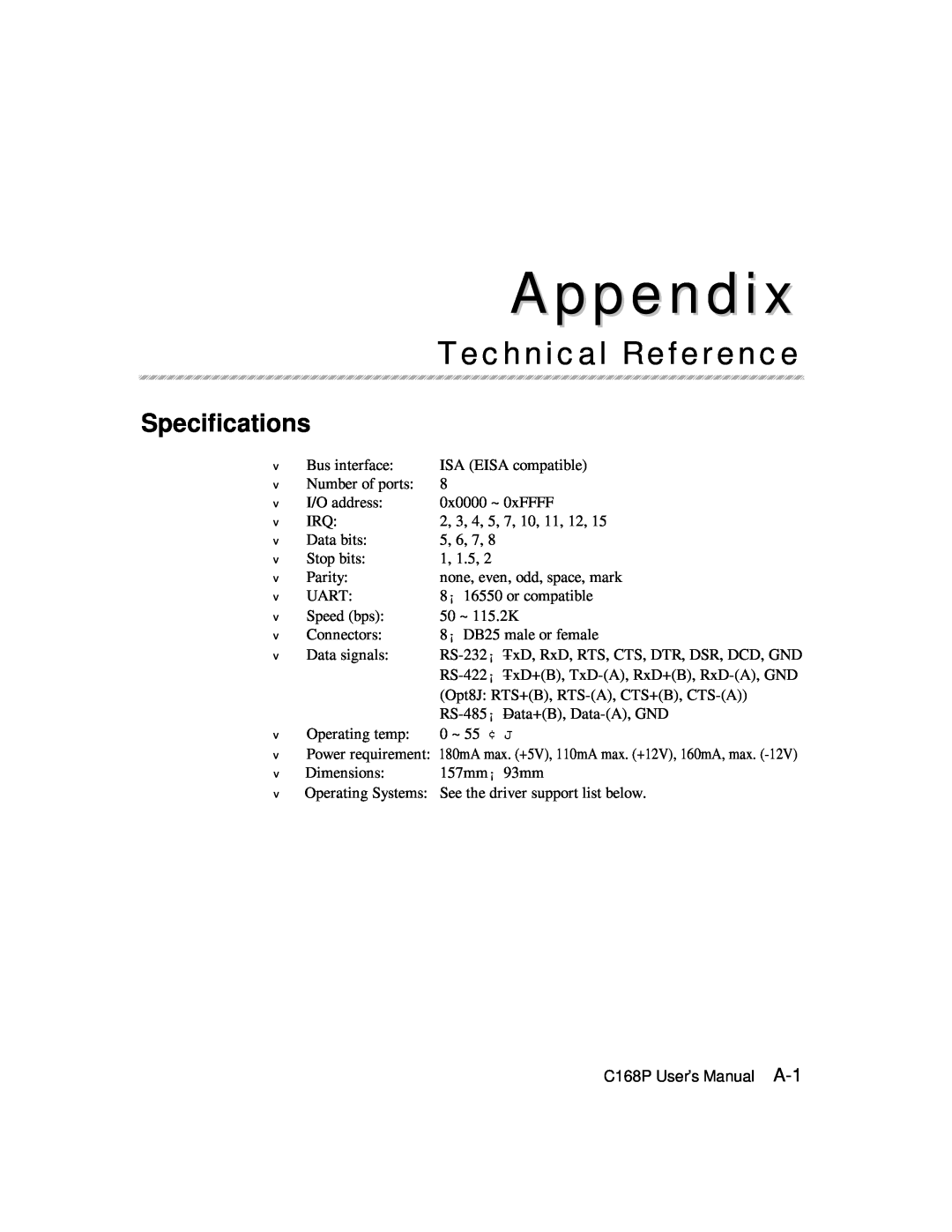 Moxa Technologies C168P user manual Technical Reference, Specifications, Appendix 