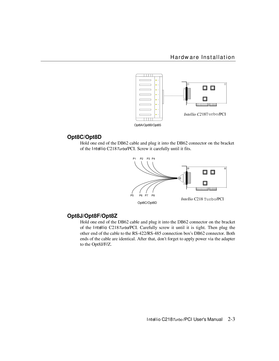 Moxa Technologies C218 user manual Hardware Installation, Opt8J/Opt8F/Opt8Z 