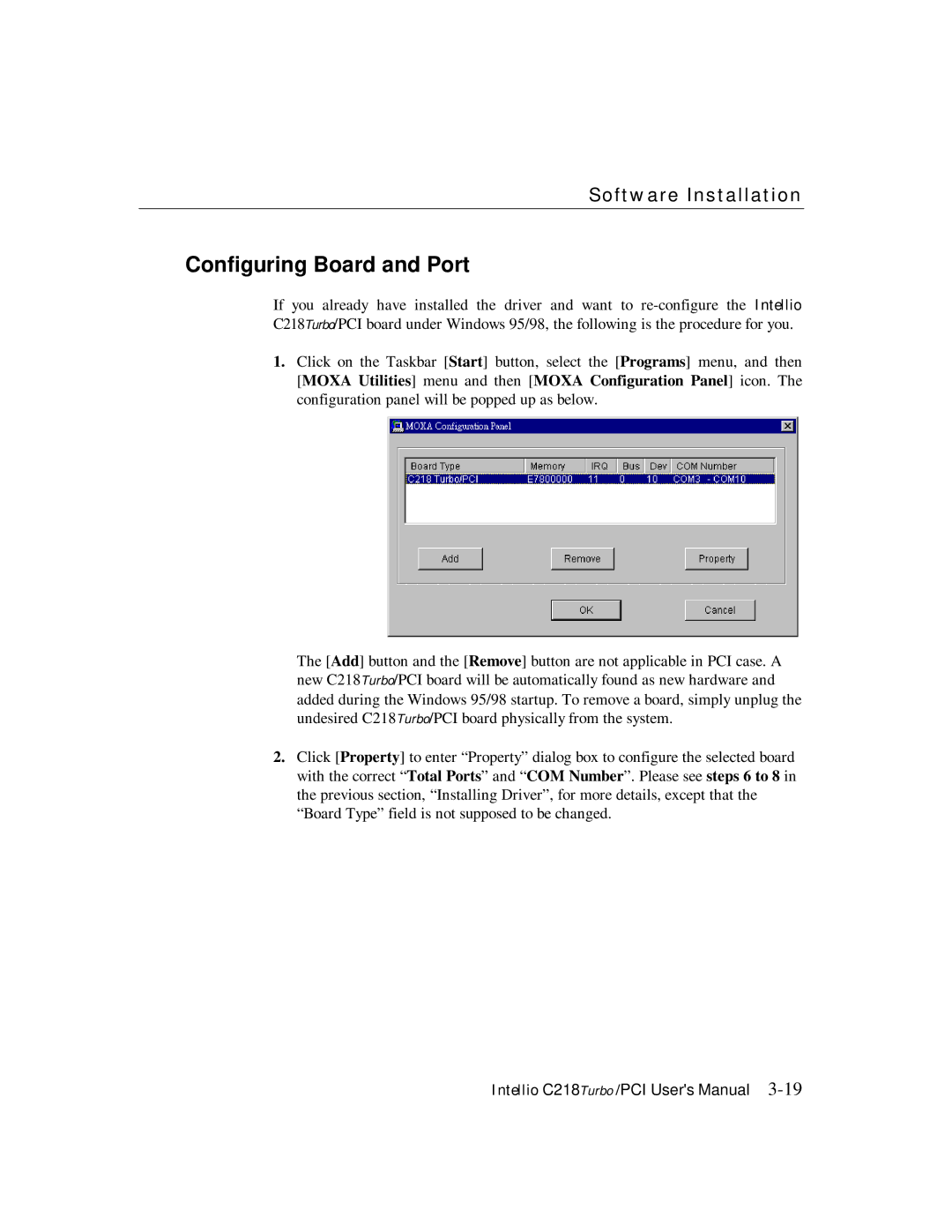 Moxa Technologies C218 user manual Configuring Board and Port 