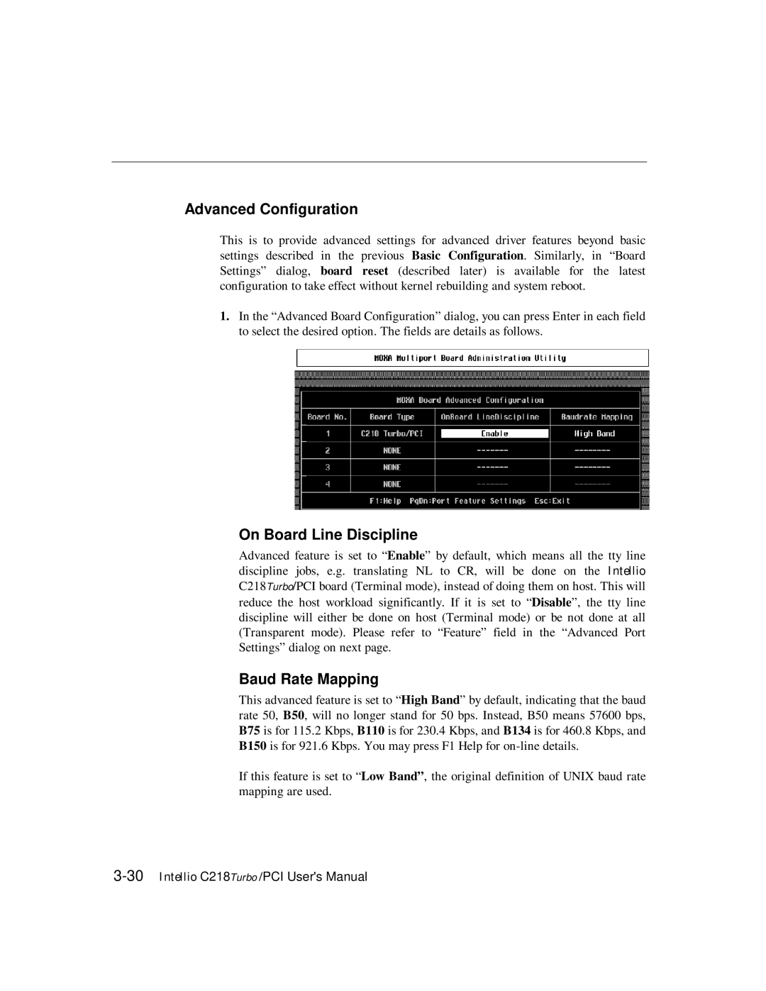 Moxa Technologies C218 user manual Advanced Configuration, On Board Line Discipline, Baud Rate Mapping 