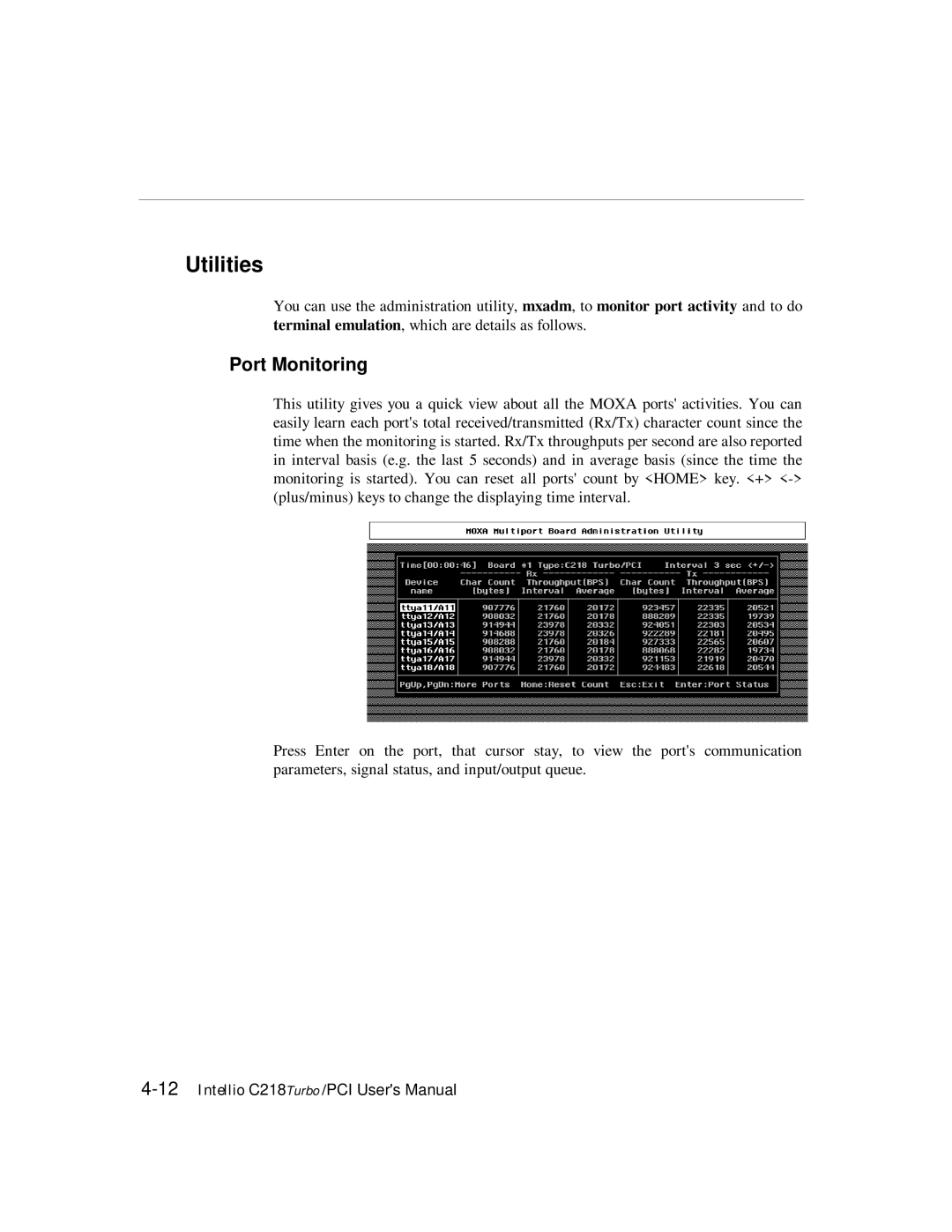 Moxa Technologies C218 user manual Utilities, Port Monitoring 