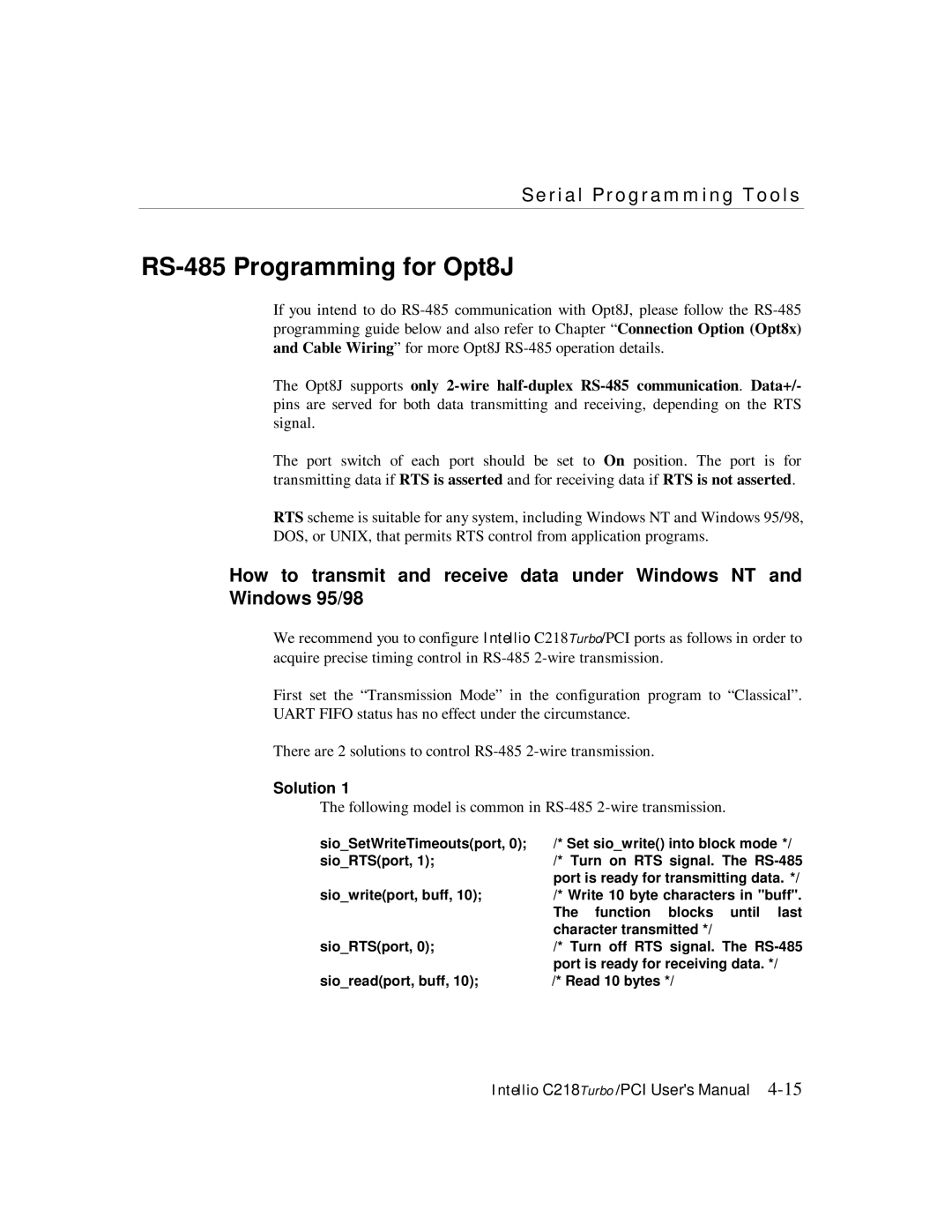 Moxa Technologies C218 user manual RS-485 Programming for Opt8J, Solution 