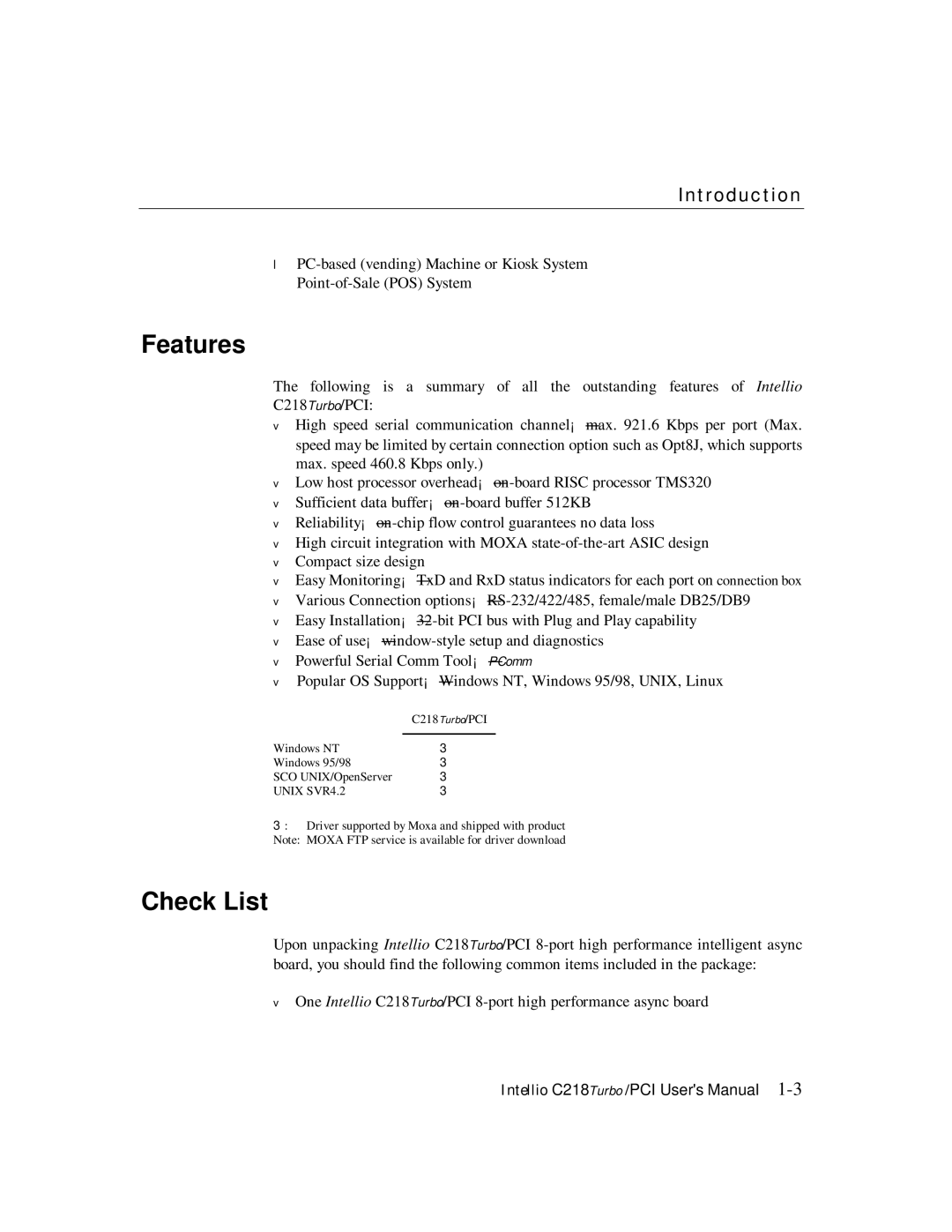 Moxa Technologies C218 user manual Features, Check List, Introduction 