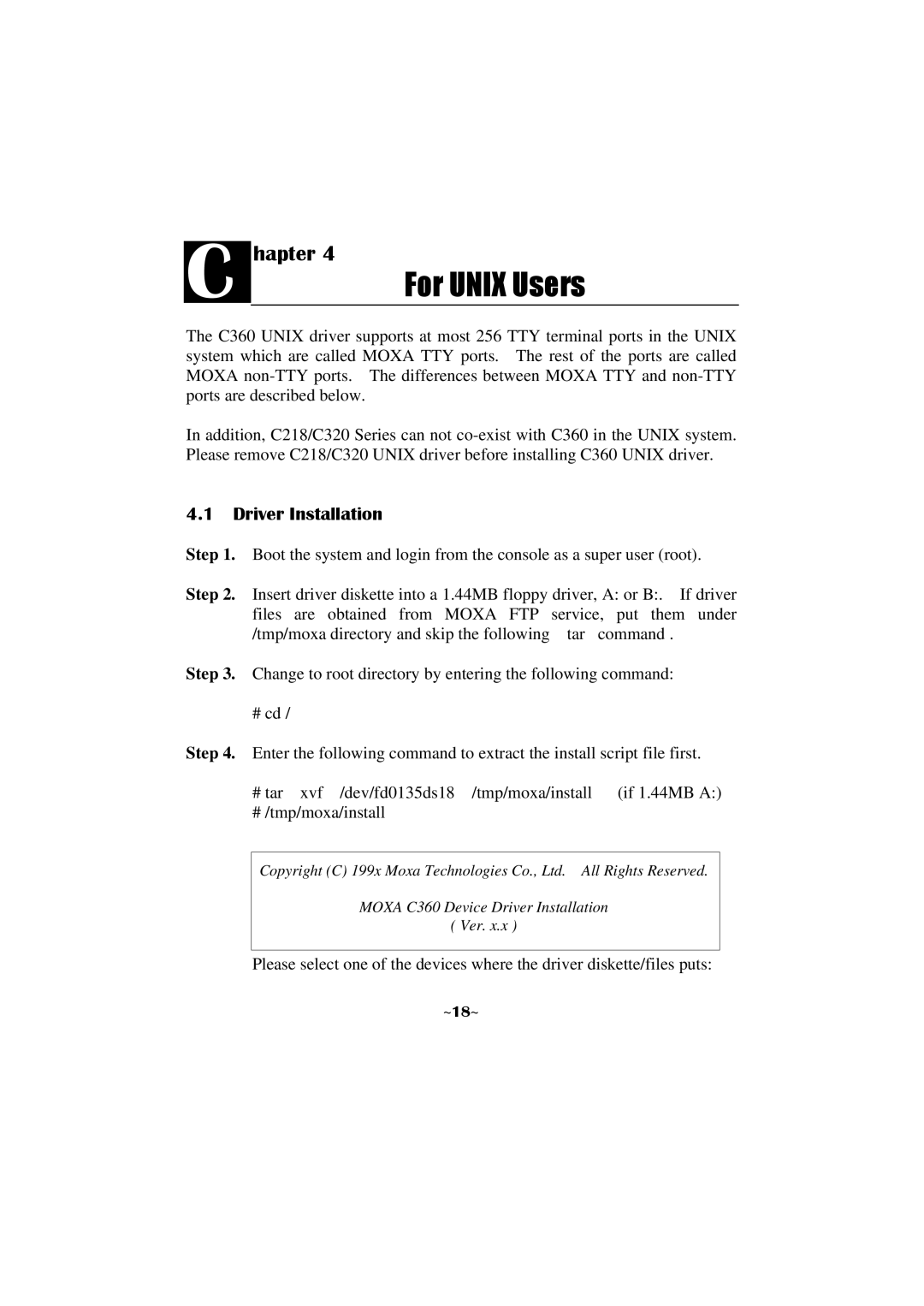 Moxa Technologies C360 manual For Unix Users, Driver Installation 