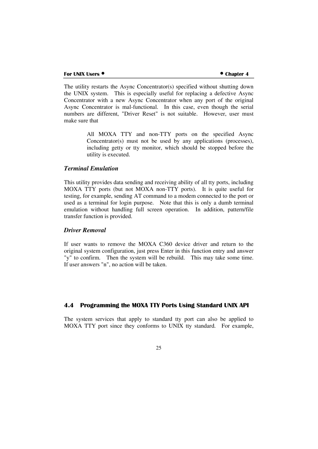 Moxa Technologies C360 manual Terminal Emulation, Programming the Moxa TTY Ports Using Standard Unix API 