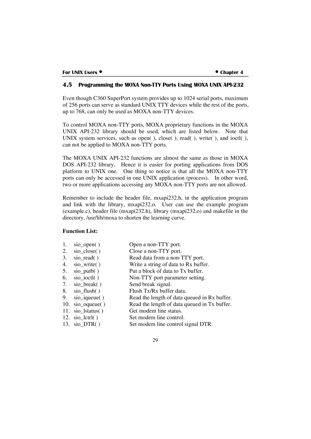 Moxa Technologies C360 manual Programming the Moxa Non-TTY Ports Using Moxa Unix API-232, Function List 