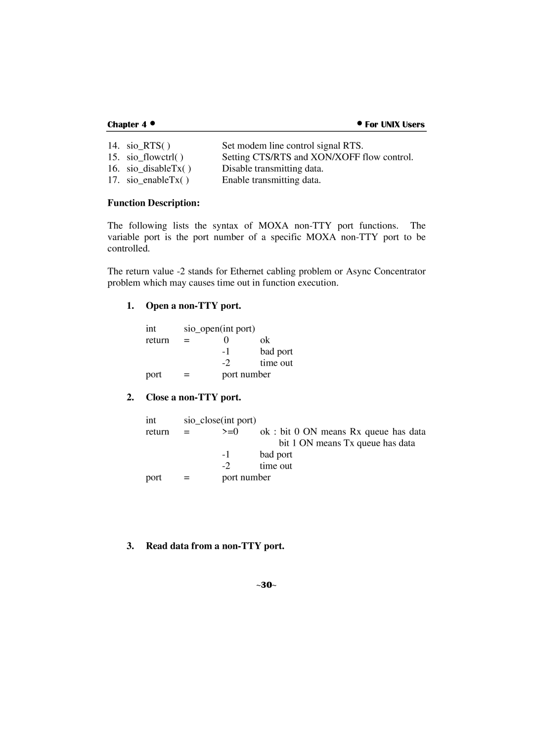 Moxa Technologies C360 Function Description, Open a non-TTY port, Close a non-TTY port, Read data from a non-TTY port 