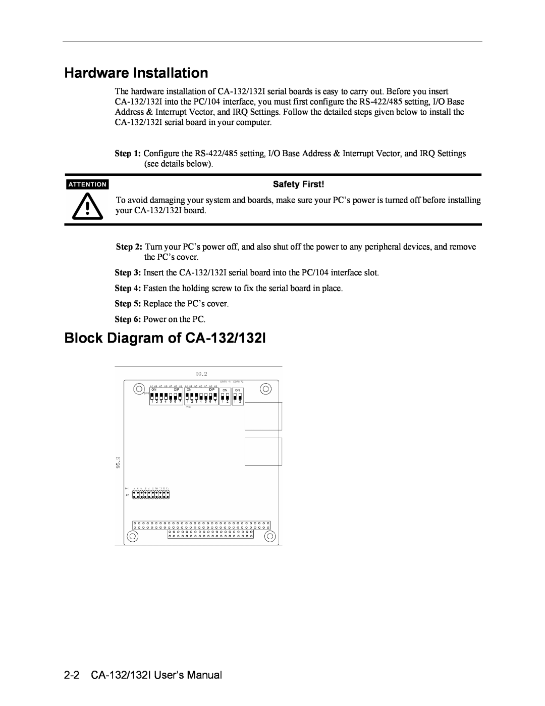 Moxa Technologies Hardware Installation, Block Diagram of CA-132/132I, 2-2 CA-132/132I User’s Manual, Safety First 