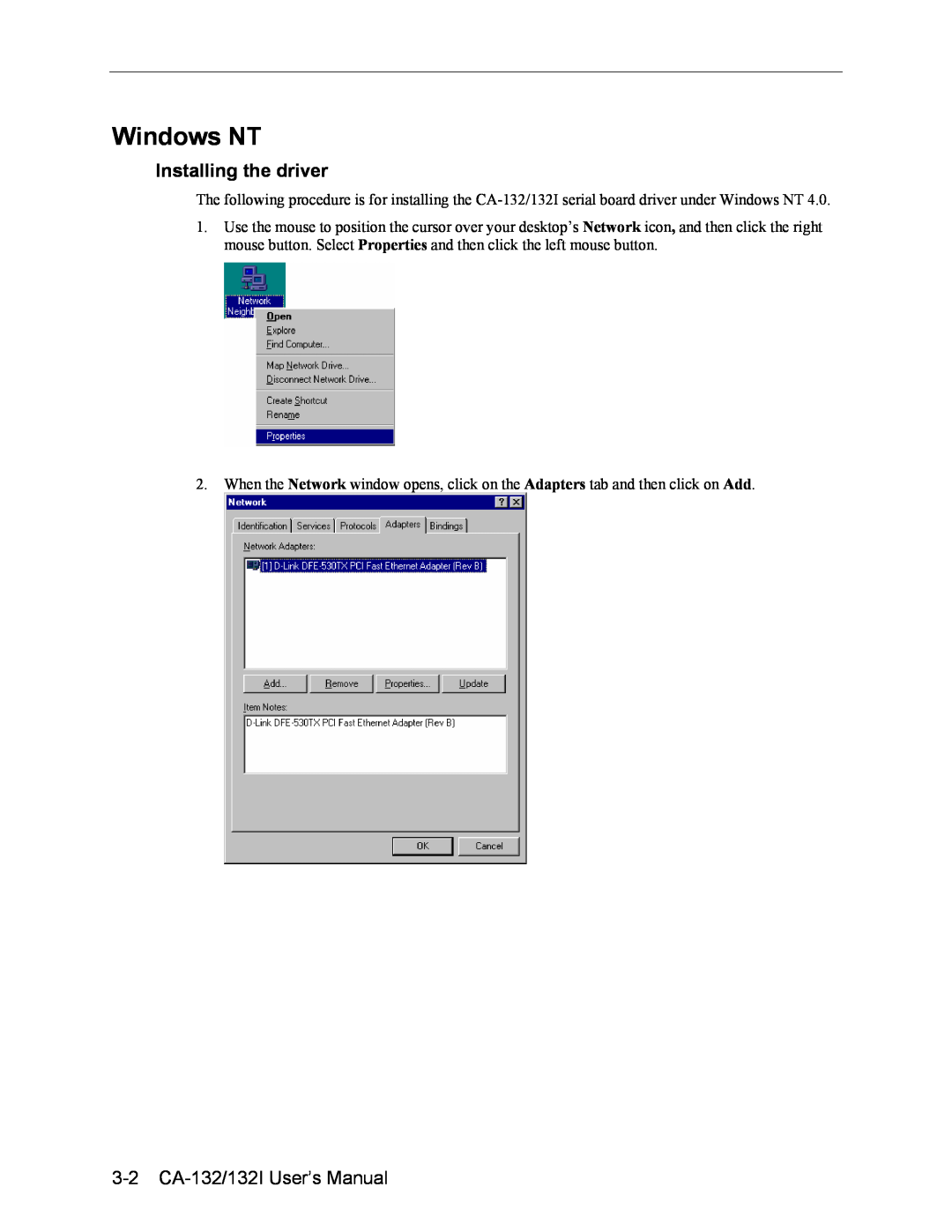 Moxa Technologies user manual Windows NT, Installing the driver, 3-2 CA-132/132I User’s Manual 