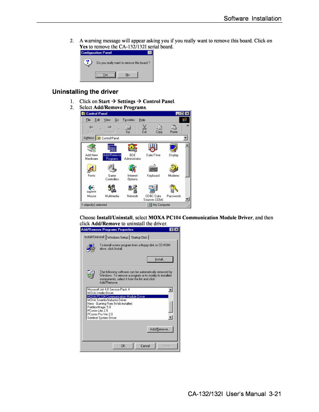 Moxa Technologies Uninstalling the driver, Software Installation, CA-132/132I User’s Manual, Select Add/Remove Programs 