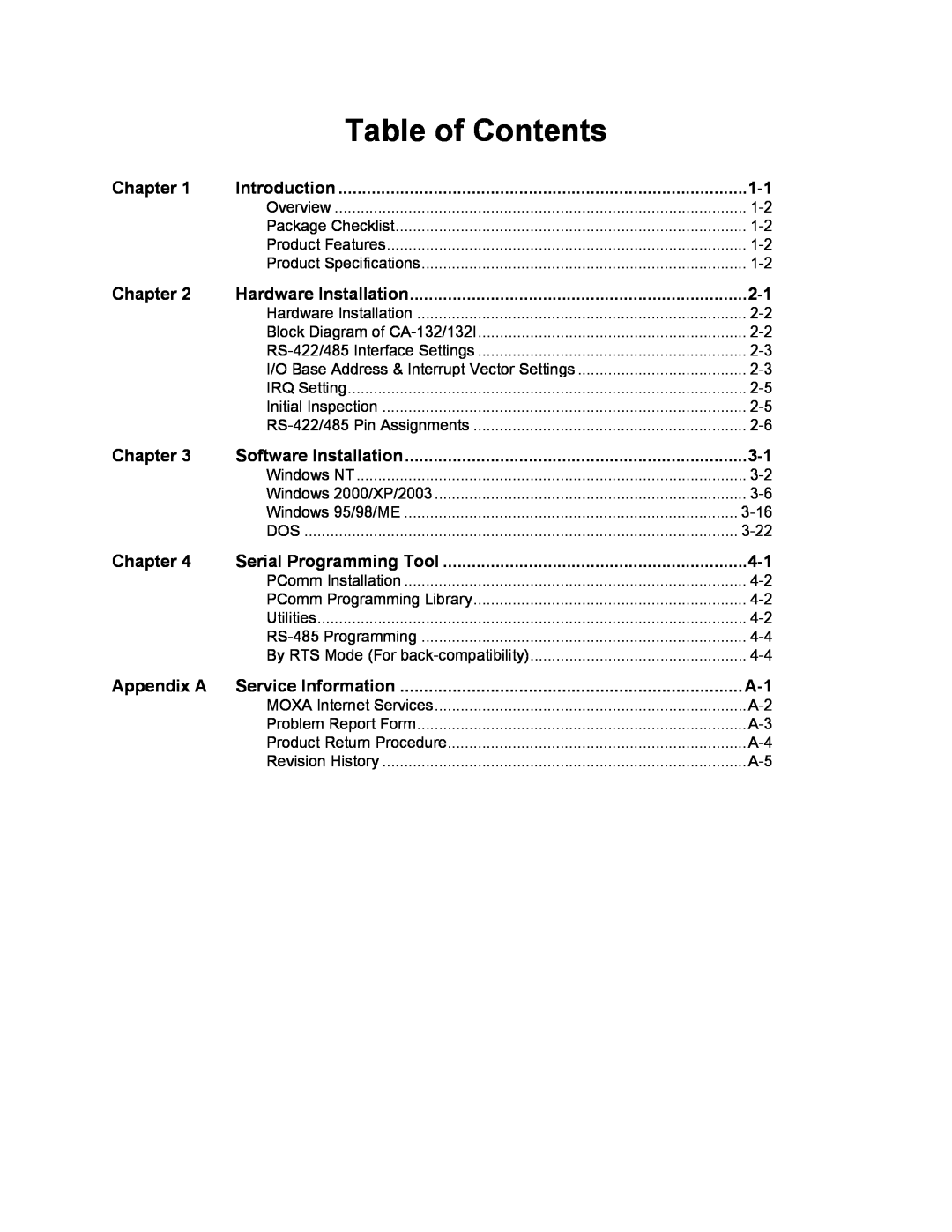 Moxa Technologies CA-132/132I user manual Table of Contents 