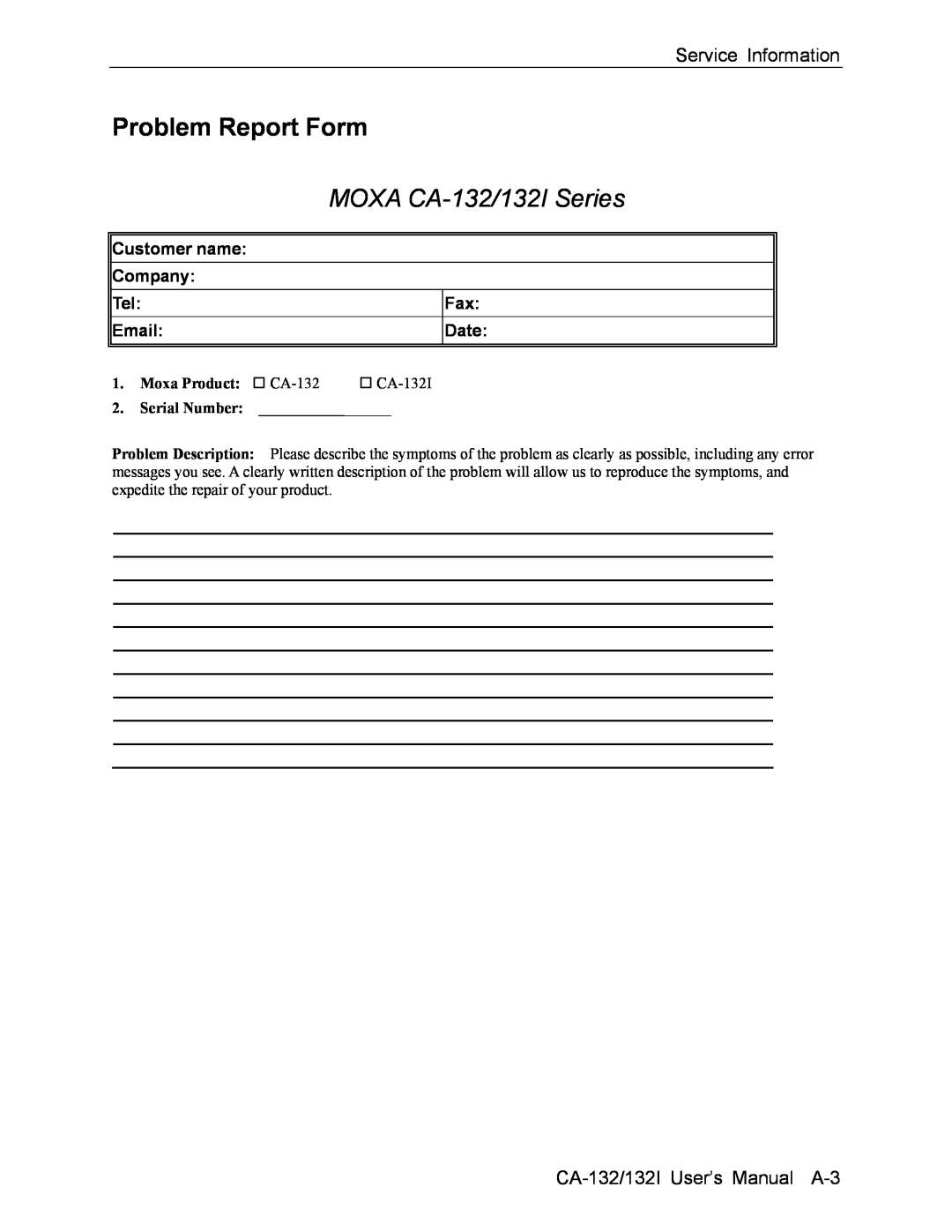 Moxa Technologies Problem Report Form, Service Information, CA-132/132I User’s Manual A-3, MOXA CA-132/132I Series 