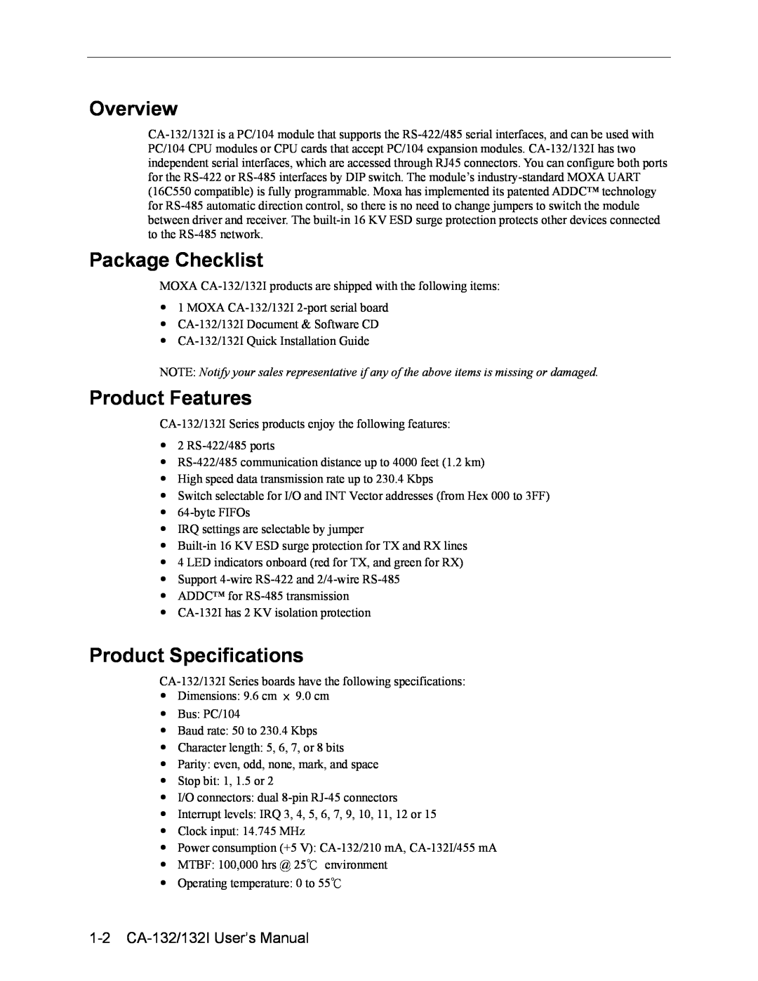 Moxa Technologies CA-132/132I user manual Overview, Package Checklist, Product Features, Product Specifications 