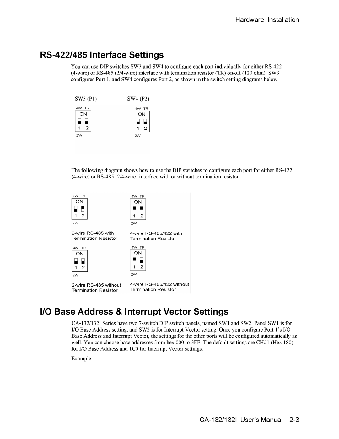 Moxa Technologies CA-132/132I user manual RS-422/485 Interface Settings, Base Address & Interrupt Vector Settings 