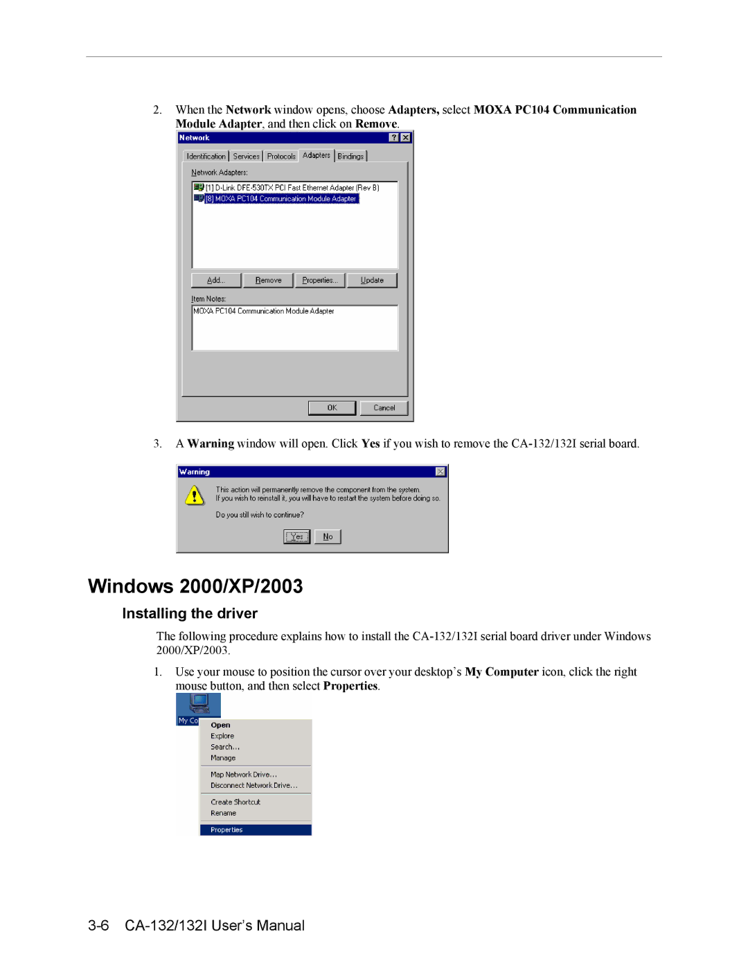 Moxa Technologies CA-132/132I user manual Windows 2000/XP/2003, Installing the driver 