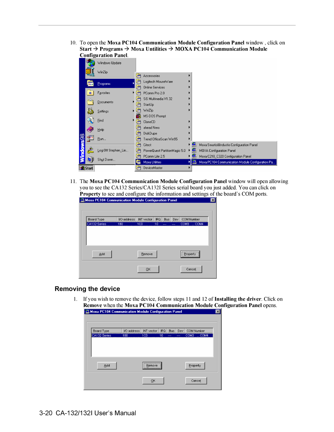 Moxa Technologies CA-132/132I user manual Removing the device 