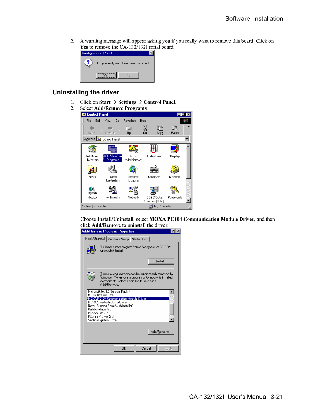 Moxa Technologies CA-132/132I user manual Uninstalling the driver 