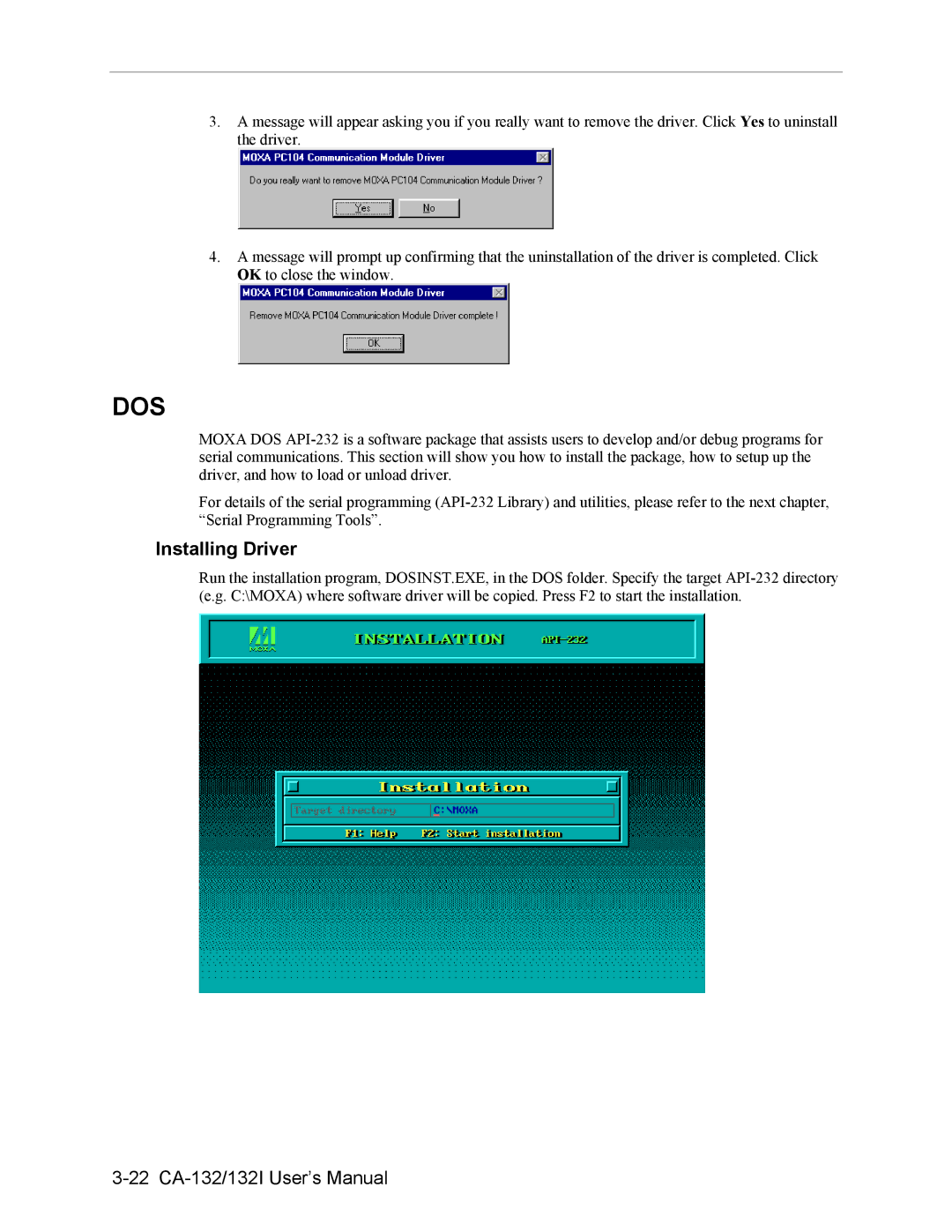 Moxa Technologies CA-132/132I user manual Dos, Installing Driver 