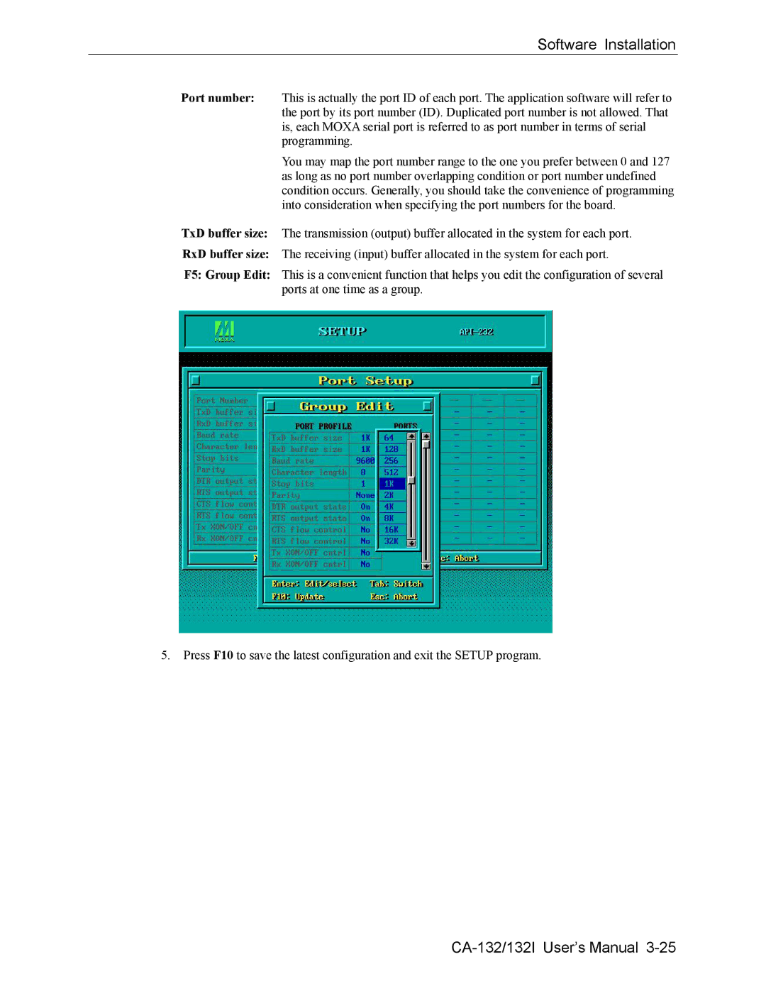 Moxa Technologies CA-132/132I user manual Port number TxD buffer size RxD buffer size F5 Group Edit 