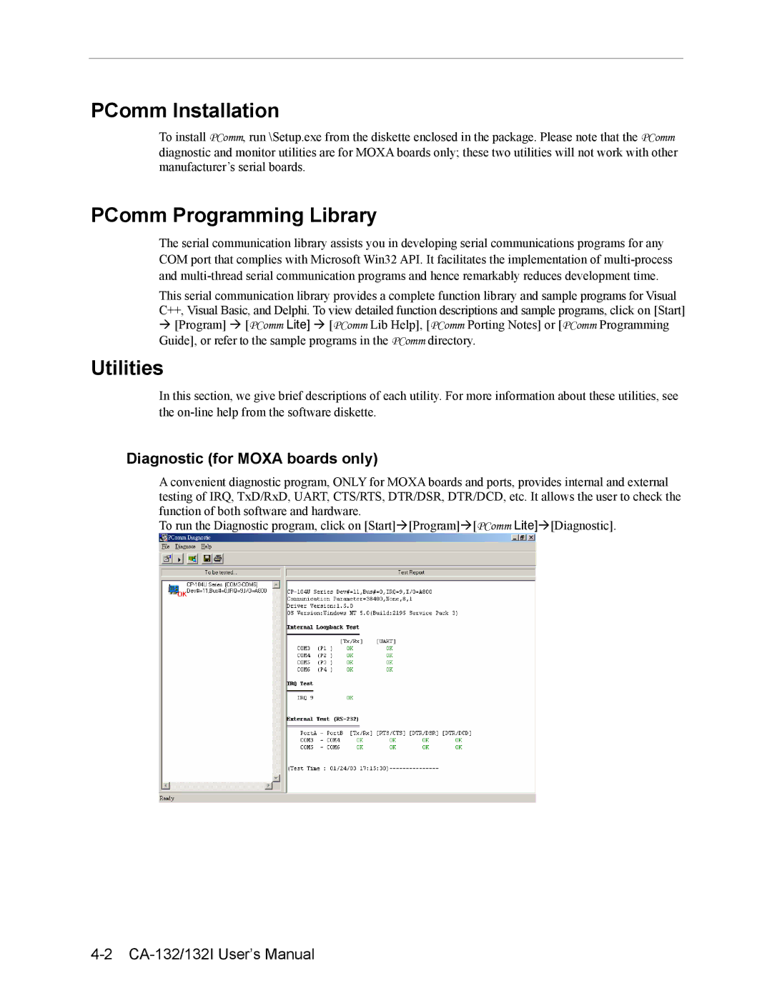 Moxa Technologies CA-132/132I PComm Installation, PComm Programming Library, Utilities, Diagnostic for Moxa boards only 