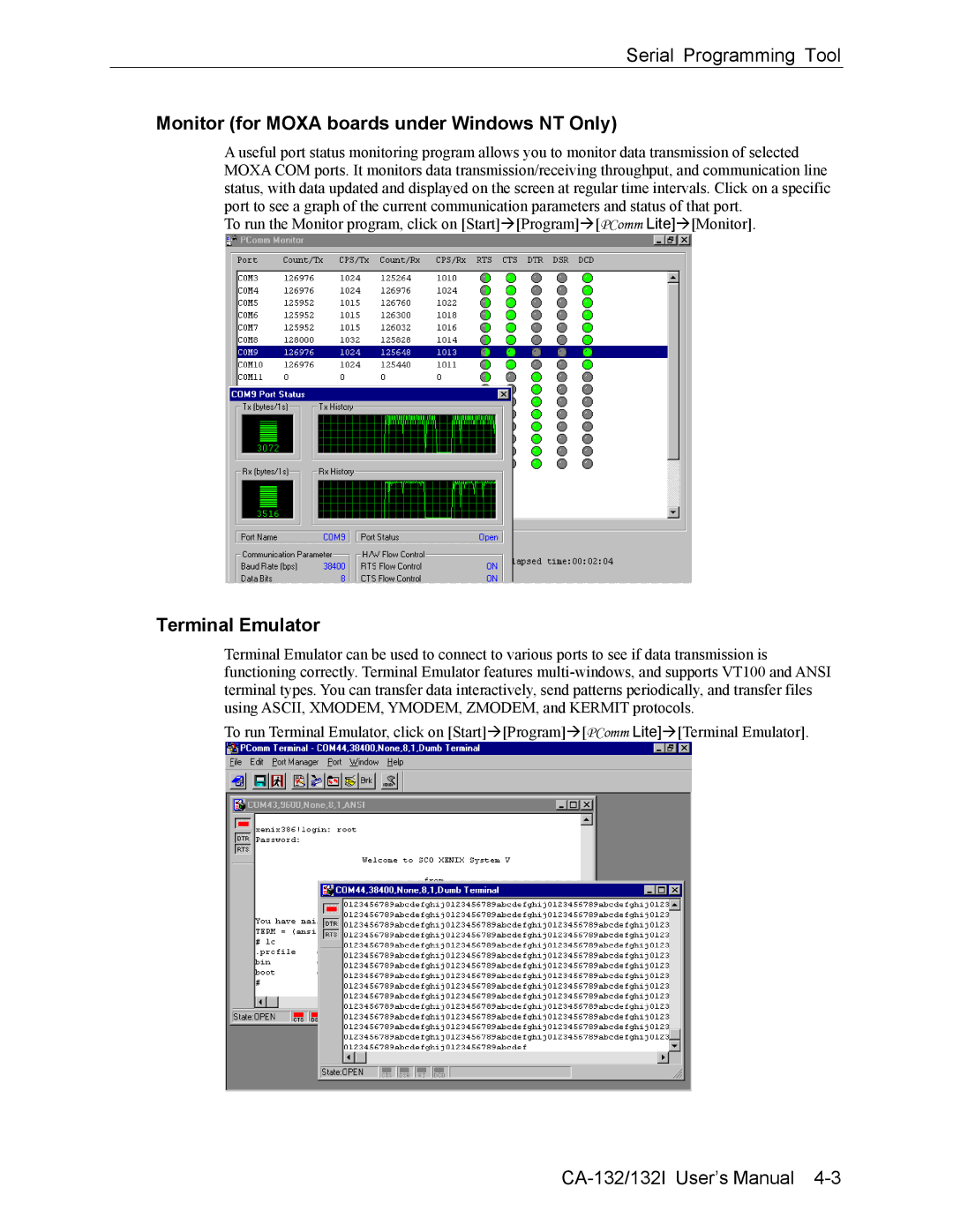 Moxa Technologies CA-132/132I user manual Monitor for Moxa boards under Windows NT Only, Terminal Emulator 