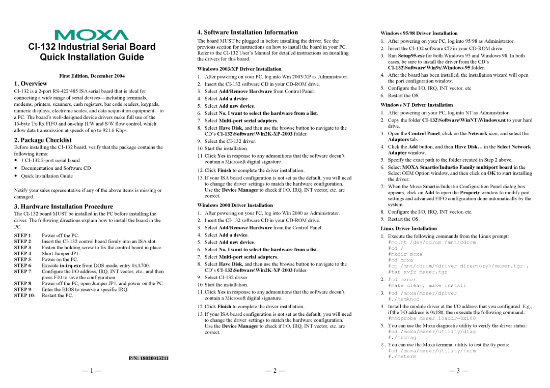 Moxa Technologies CI-132 user manual Overview, Package Checklist, Hardware Installation Procedure 