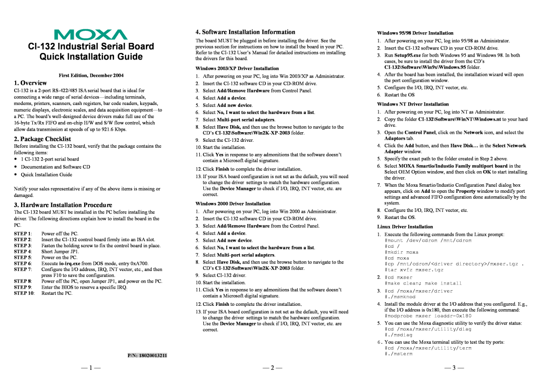 Moxa Technologies CI-132 user manual Overview, Package Checklist, Hardware Installation Procedure 