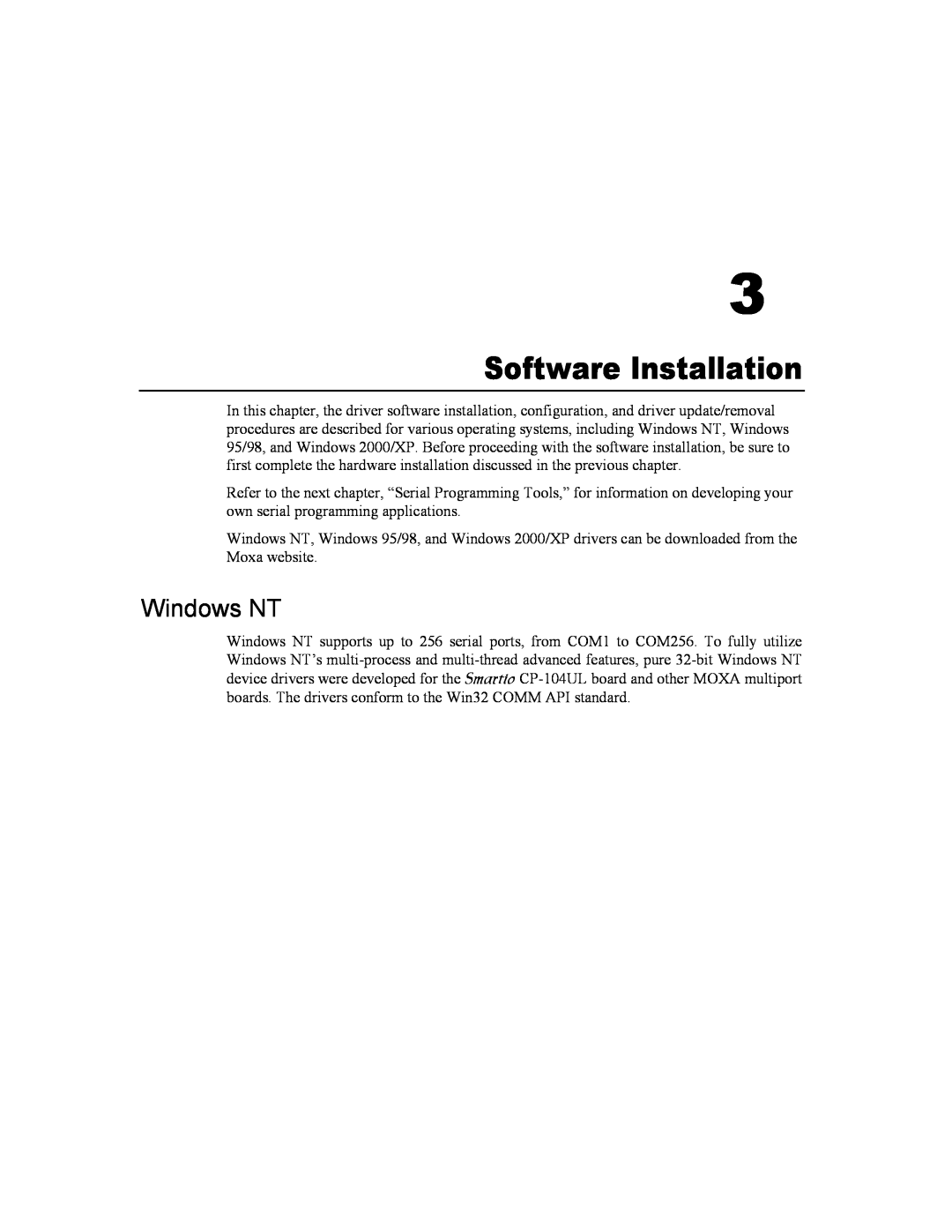 Moxa Technologies CP-104UL user manual Software Installation, Windows NT 