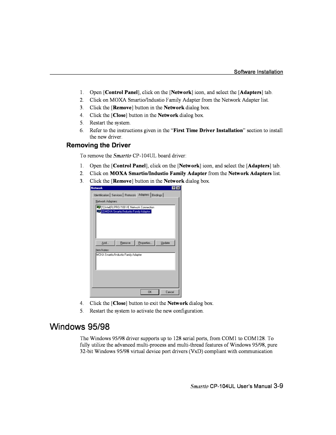 Moxa Technologies CP-104UL user manual Windows 95/98, Removing the Driver 