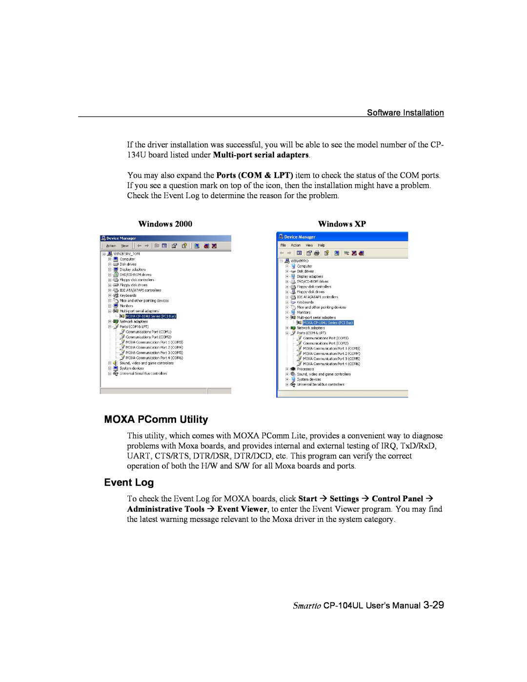 Moxa Technologies CP-104UL user manual MOXA PComm Utility, Event Log, Windows XP 