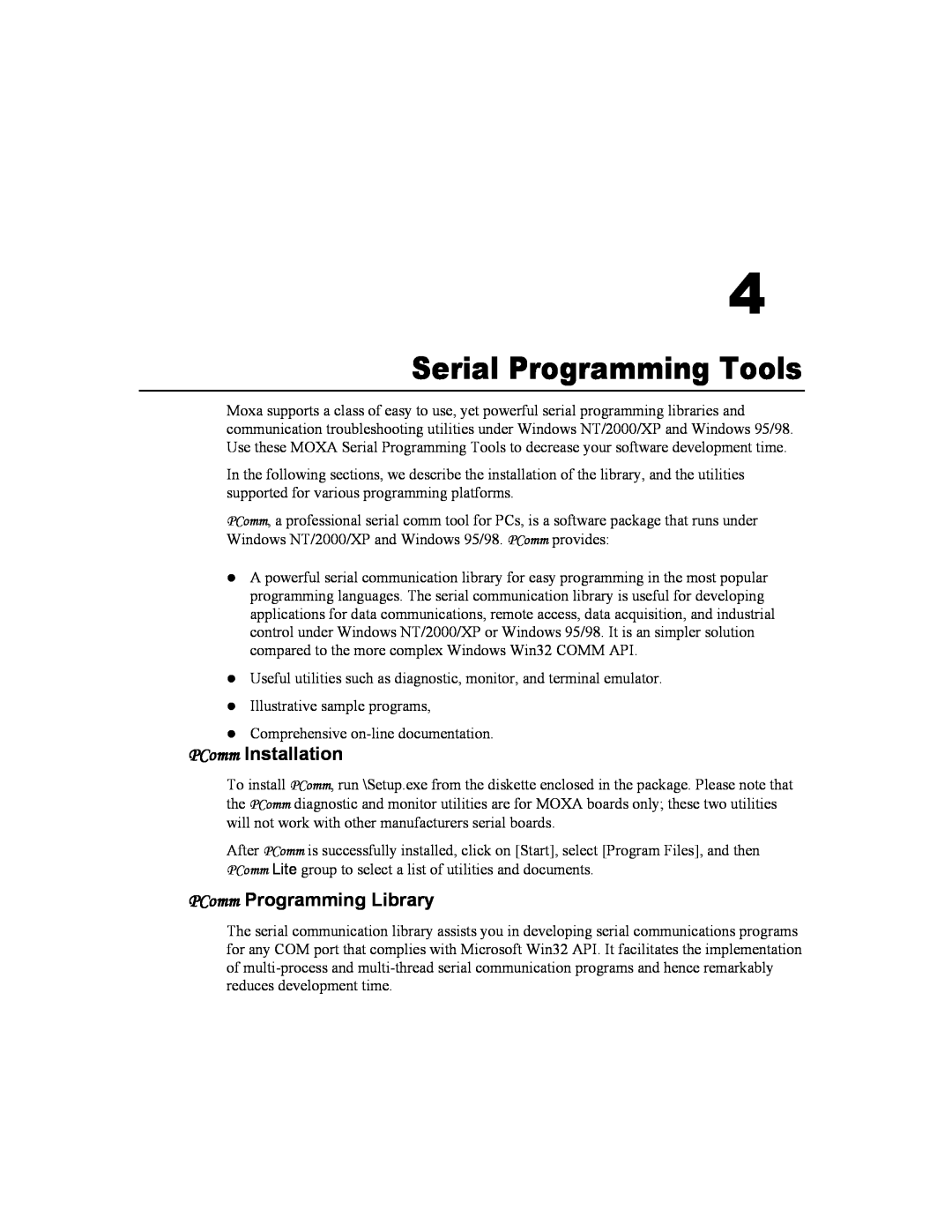 Moxa Technologies CP-104UL user manual Serial Programming Tools, PComm Installation, PComm Programming Library 