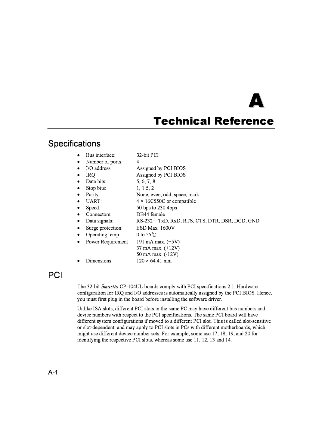 Moxa Technologies CP-104UL user manual Technical Reference, Specifications 
