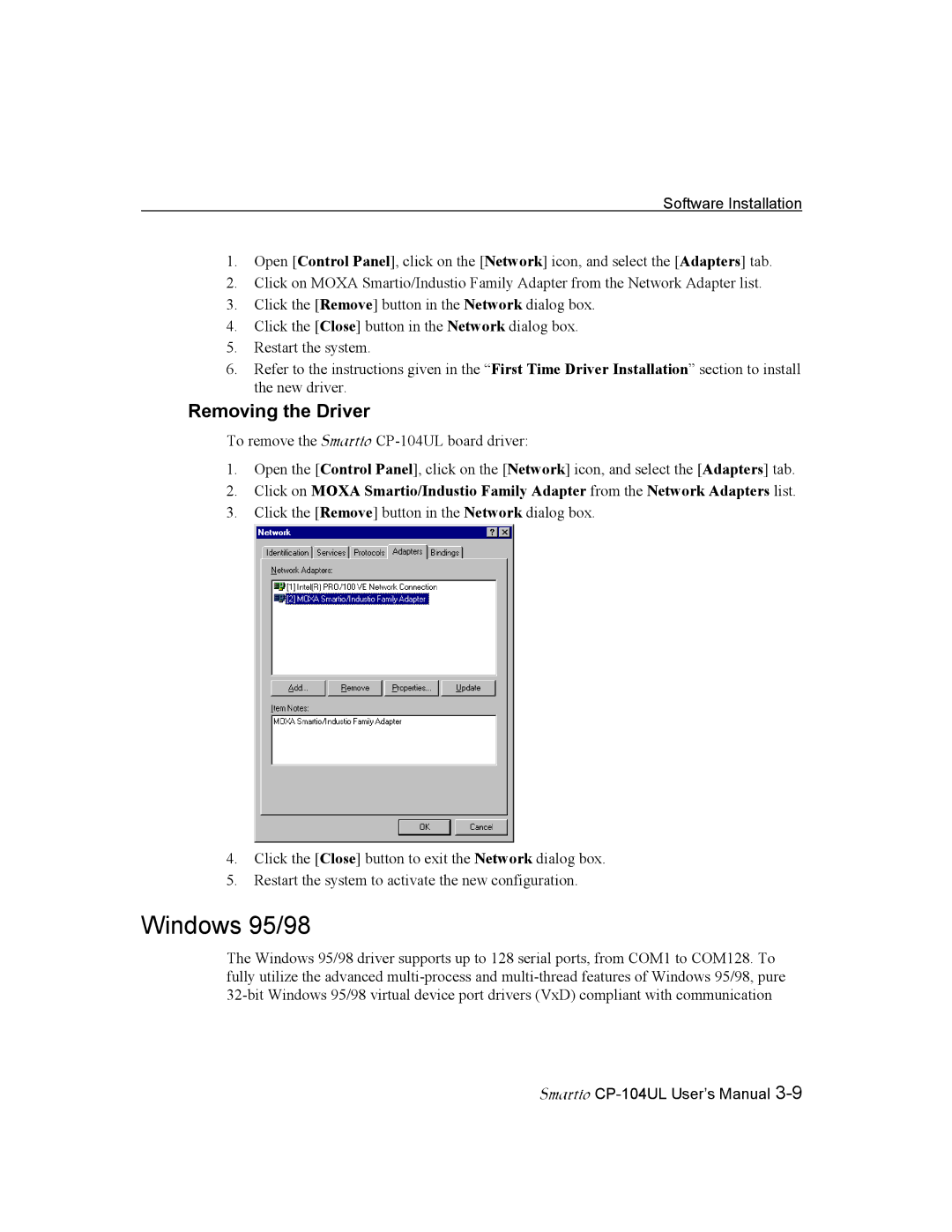 Moxa Technologies CP-104UL user manual Windows 95/98, Removing the Driver 