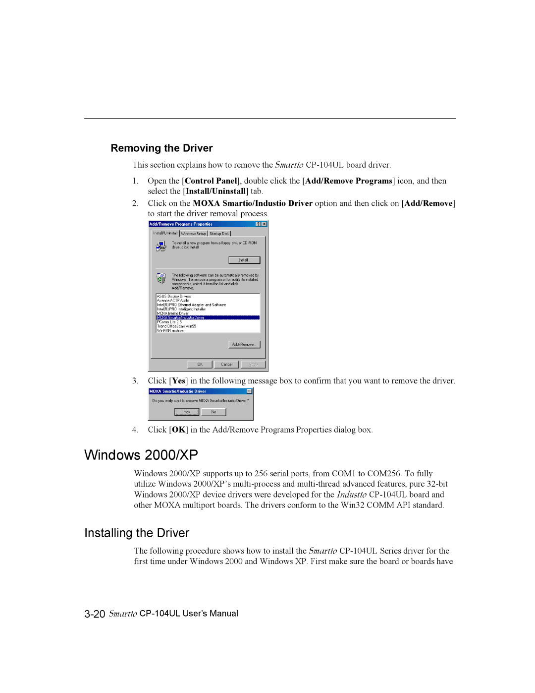 Moxa Technologies CP-104UL user manual Windows 2000/XP, Removing the Driver 