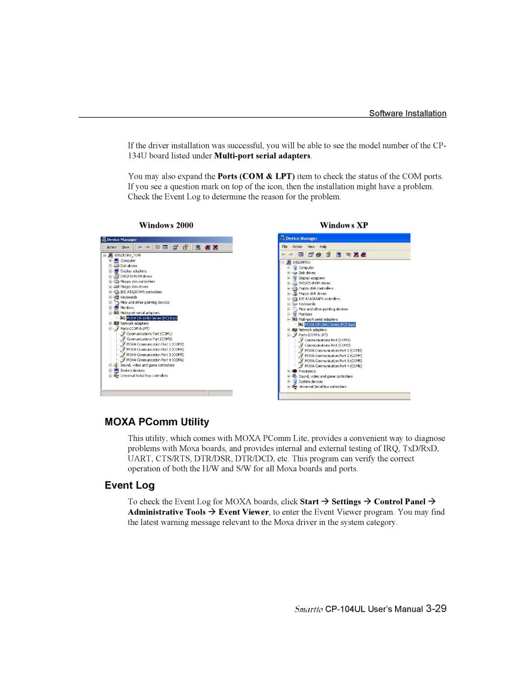 Moxa Technologies CP-104UL user manual Moxa PComm Utility, Event Log 