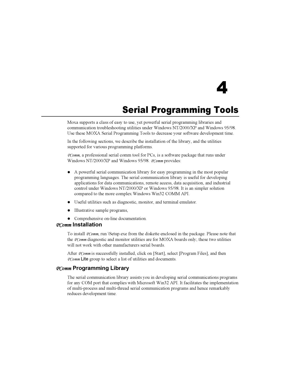 Moxa Technologies CP-104UL user manual Serial Programming Tools, PComm Installation, PComm Programming Library 