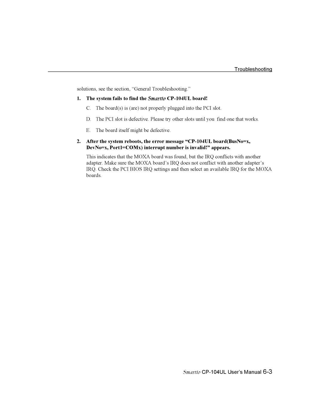 Moxa Technologies user manual System fails to find the Smartio CP-104UL board 