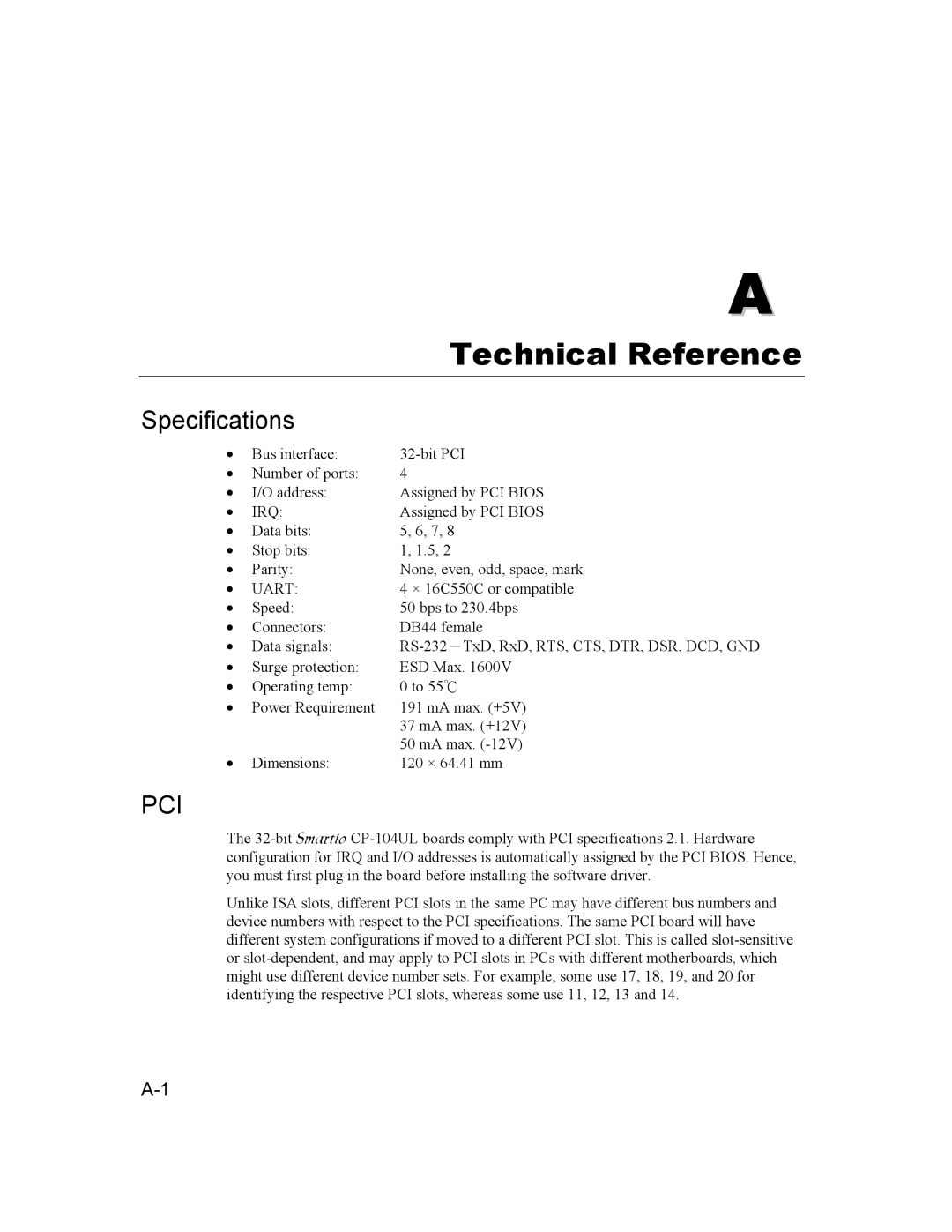 Moxa Technologies CP-104UL user manual Technical Reference, Specifications 