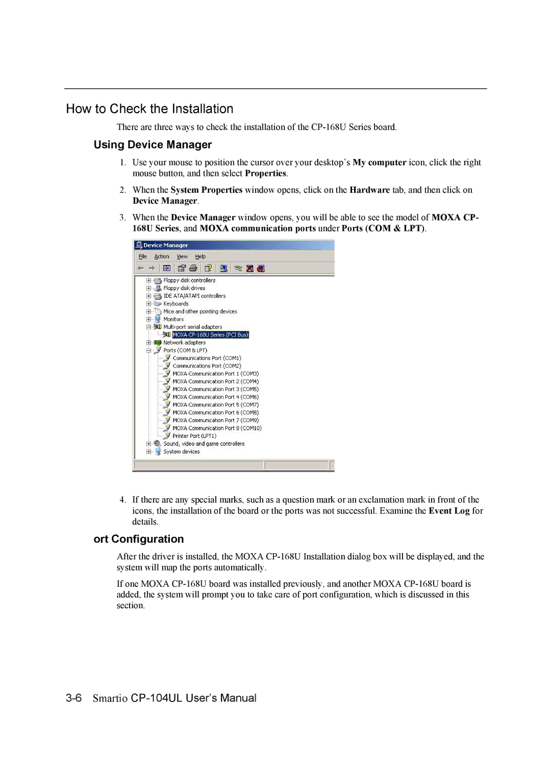 Moxa Technologies CP-104UL user manual Using Device Manager, Ort Configuration 