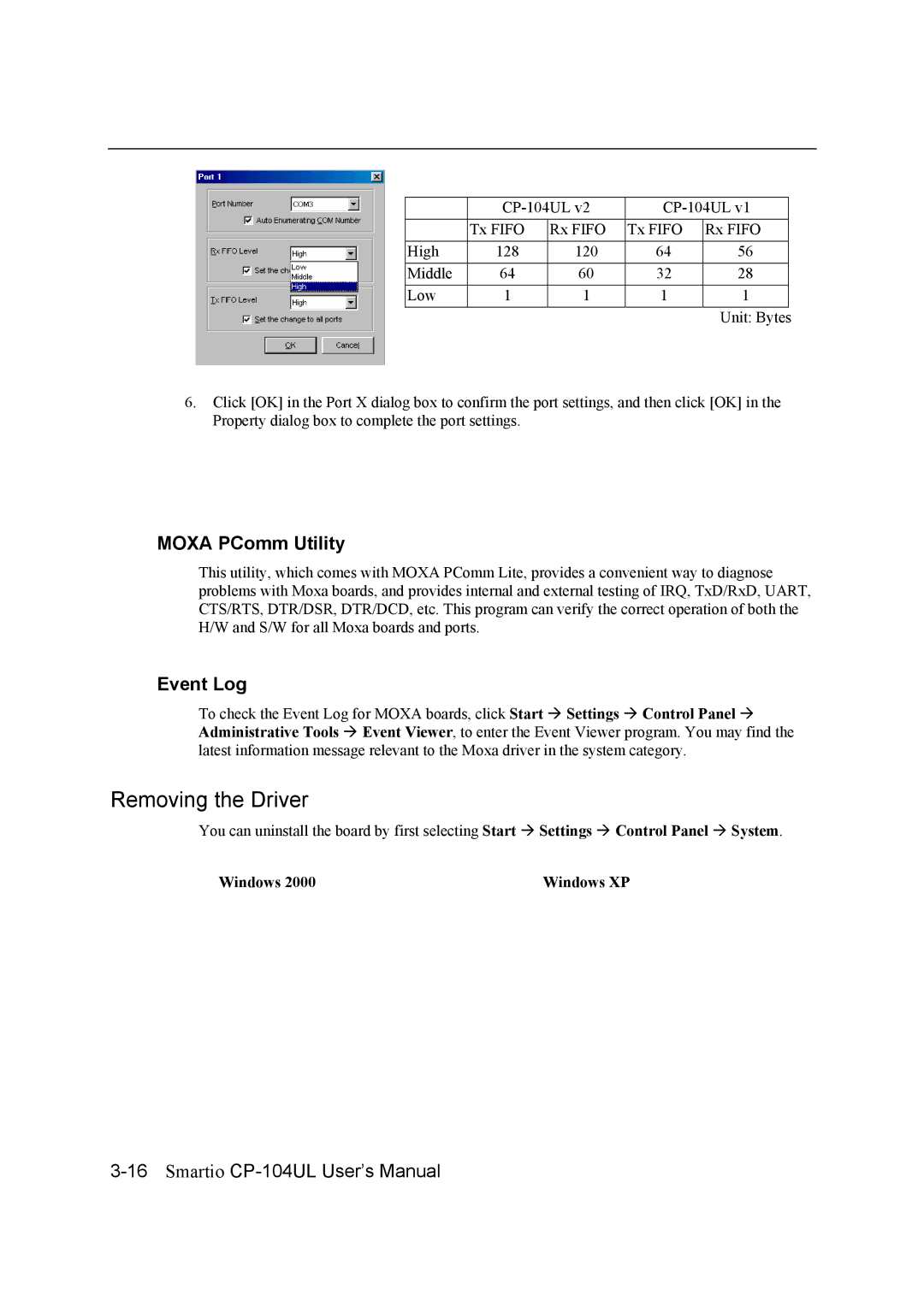 Moxa Technologies CP-104UL user manual Moxa PComm Utility, Event Log 