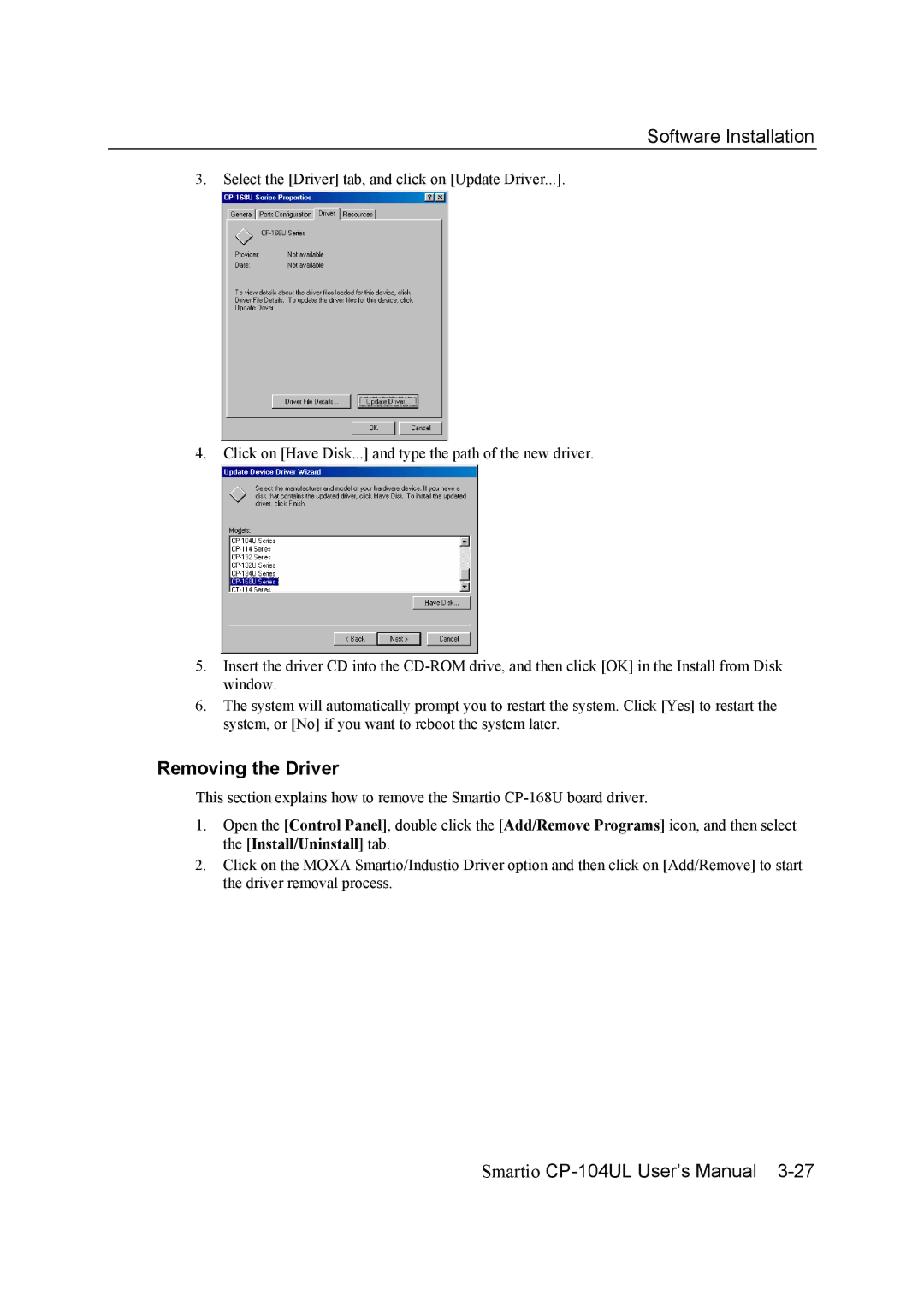 Moxa Technologies CP-104UL user manual Removing the Driver 