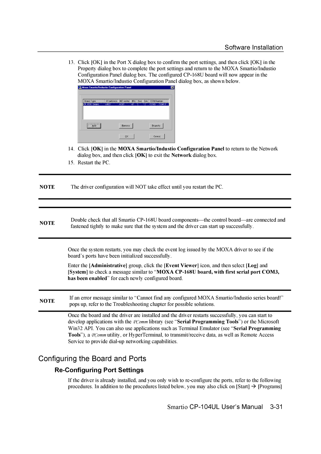 Moxa Technologies CP-104UL user manual Configuring the Board and Ports, Re-Configuring Port Settings 