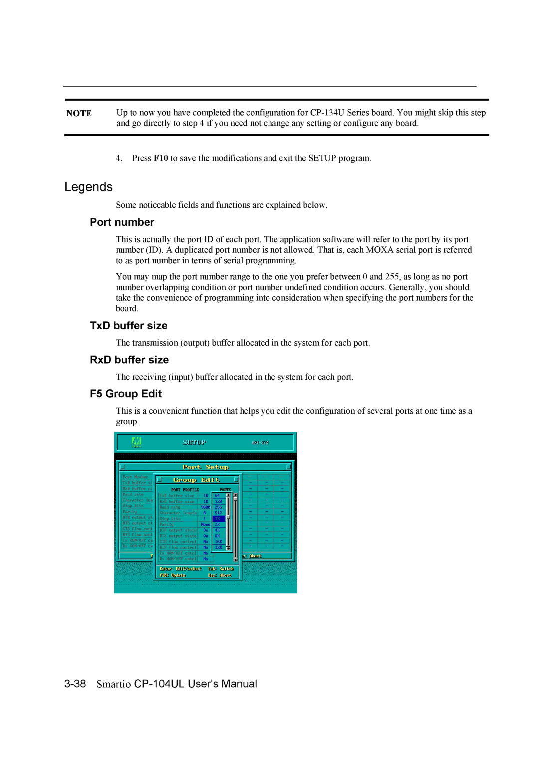 Moxa Technologies CP-104UL user manual Port number, TxD buffer size, RxD buffer size, F5 Group Edit 