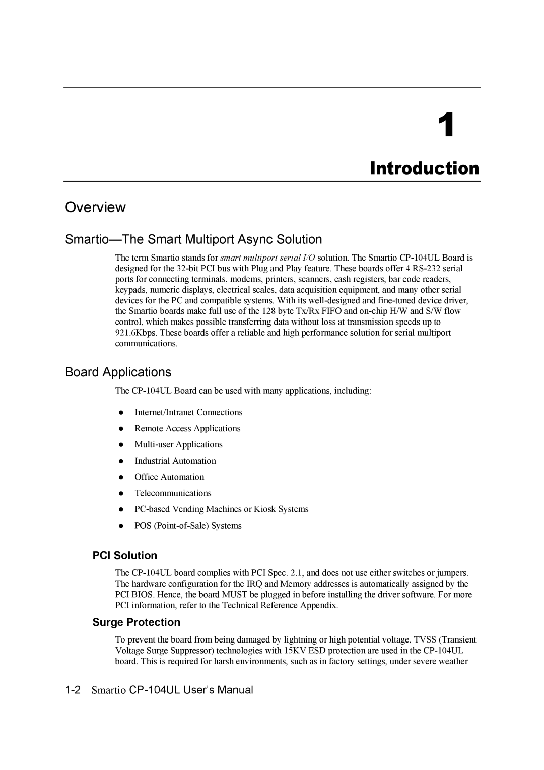 Moxa Technologies CP-104UL user manual Introduction, Overview, PCI Solution, Surge Protection 