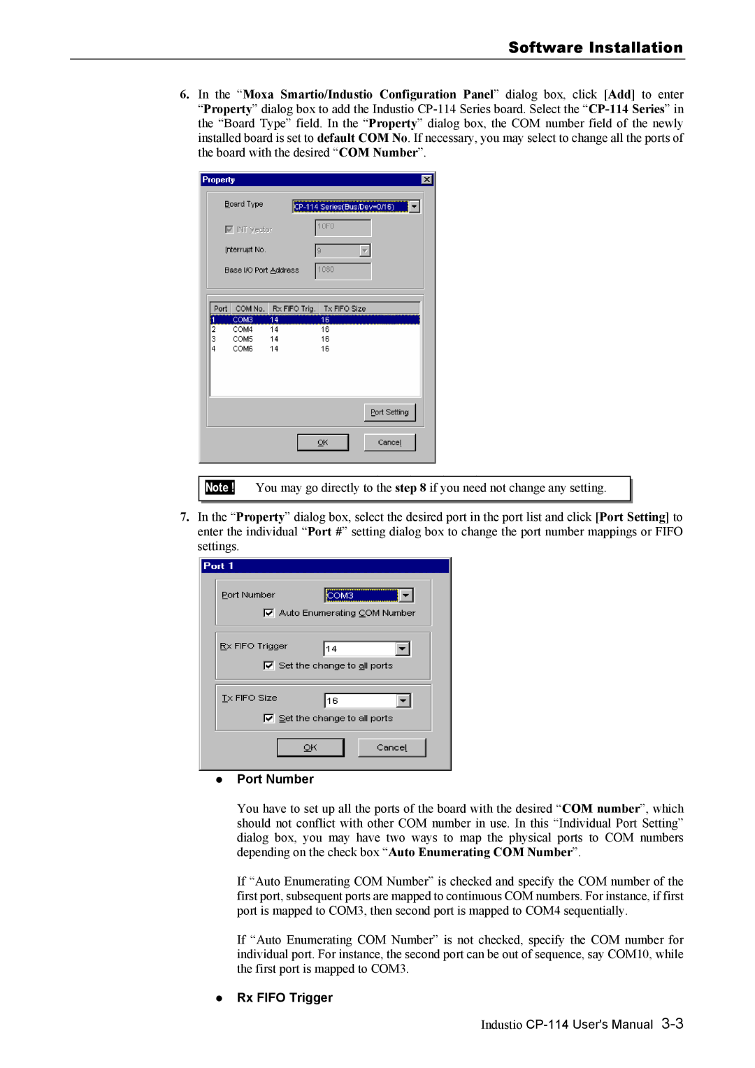 Moxa Technologies CP-114 Series user manual Software Installation, Port Number, Rx Fifo Trigger 