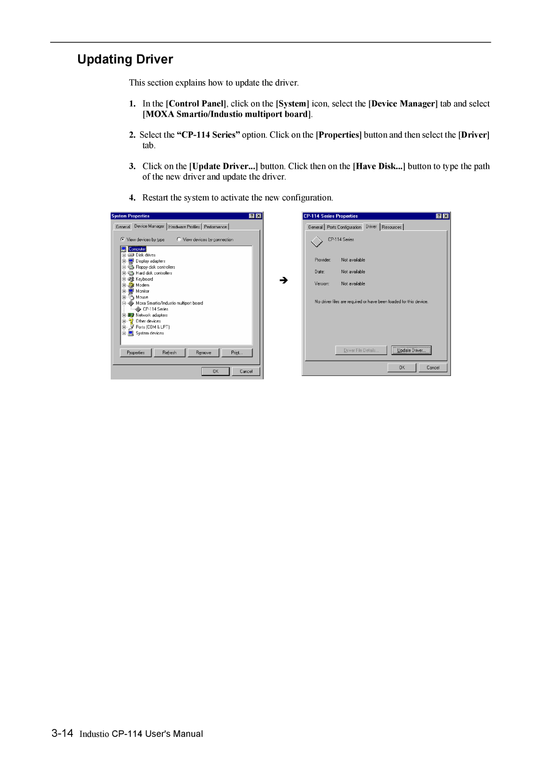 Moxa Technologies CP-114 Series user manual Updating Driver 