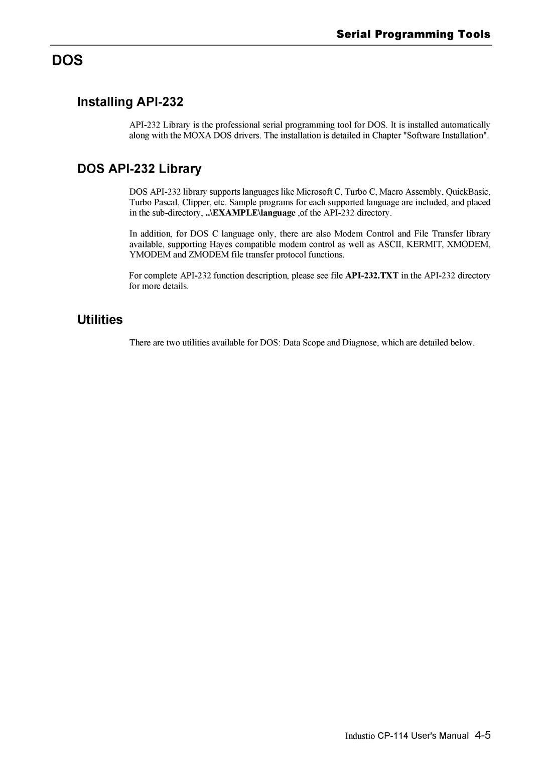 Moxa Technologies CP-114 Series user manual Installing API-232, Serial Programming Tools 