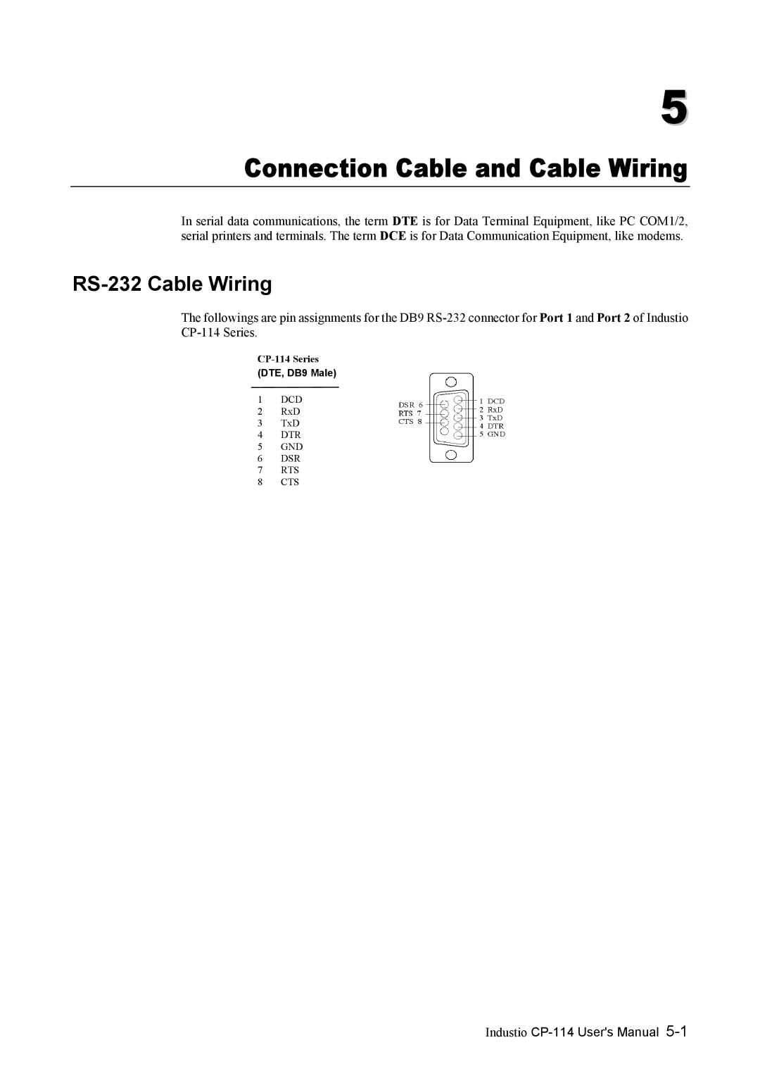 Moxa Technologies CP-114 Series user manual Connection Cable and Cable Wiring, RS-232 Cable Wiring 