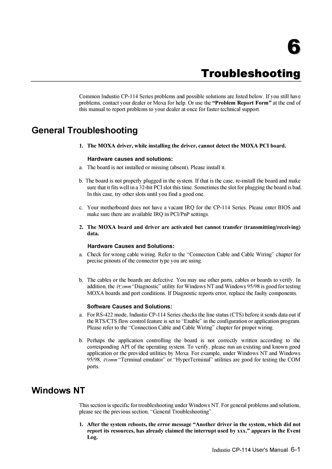 Moxa Technologies CP-114 Series General Troubleshooting, Hardware causes and solutions, Software Causes and Solutions 