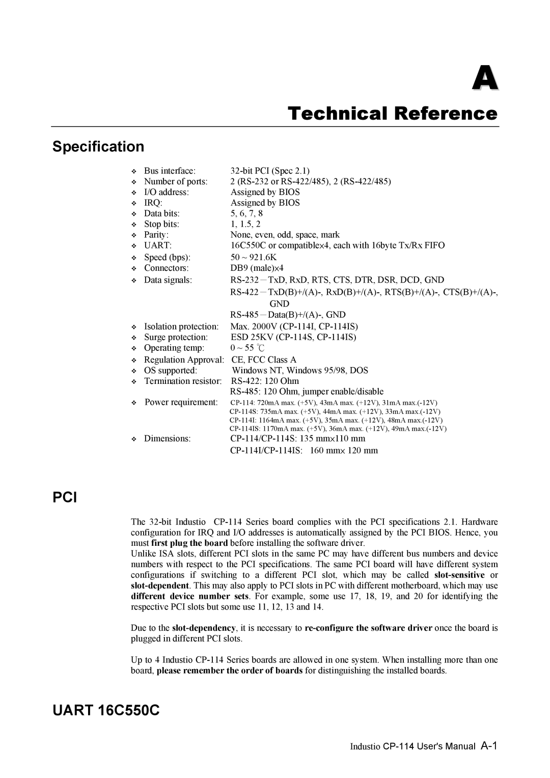 Moxa Technologies CP-114 Series user manual Technical Reference, Specification, Uart 16C550C 